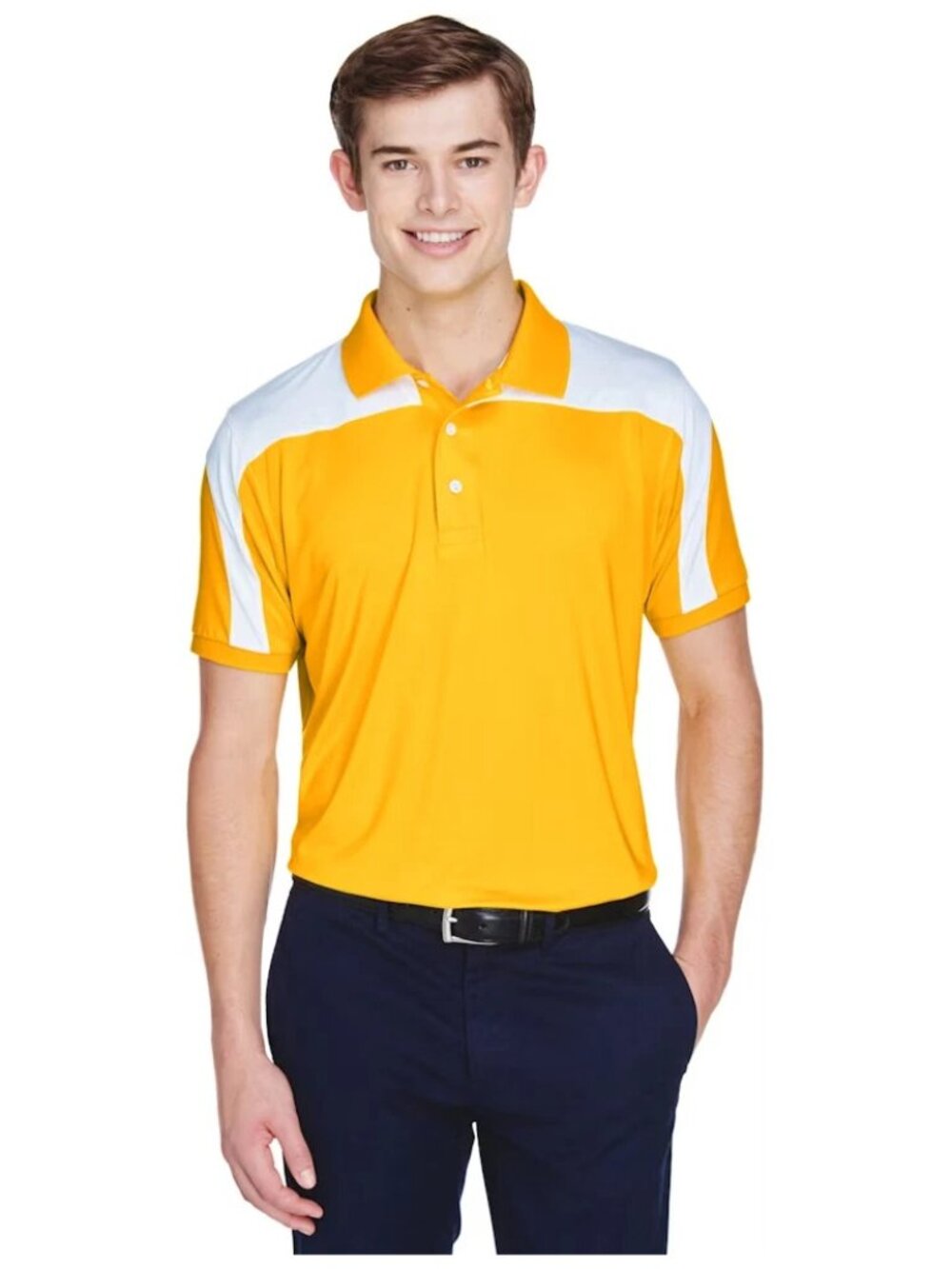 Team 365 Men’s Victor Performance Golf Polo Athletic Gold White Colorblock